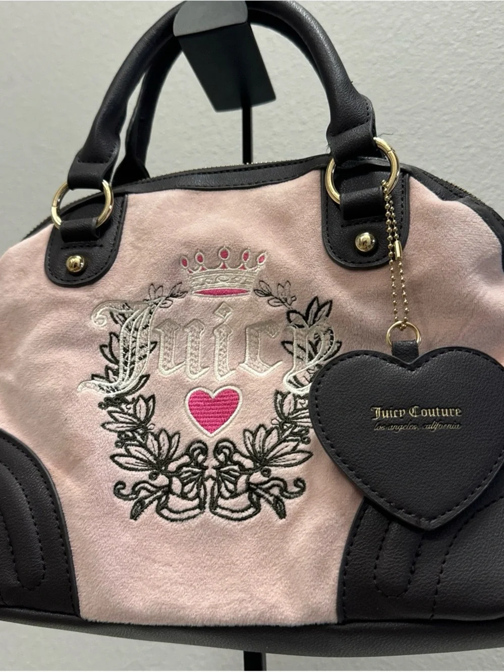 Juicy Couture Pink and Black Crest Satchel with Heart Charm